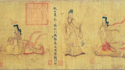 Three figures and calligraphy upon an ancient scroll. 