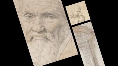 Sketches of the face of an elderly man, a figure, and the archway and pillar of a building float in diagonal rectangular stripes against a black background
