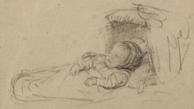 Black chalk drawing of a baby in a cap, traditionally thought to be the artist's son, Titus van Rijn, sleeping in a cradle.