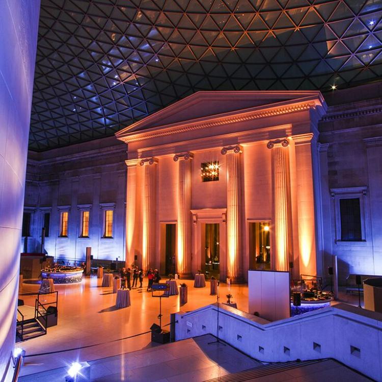 Illuminated entrance to the Great Court from inside