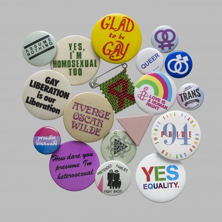 Selection of LGBTQ+ campaign badges from the 1970s onwards, mixed media