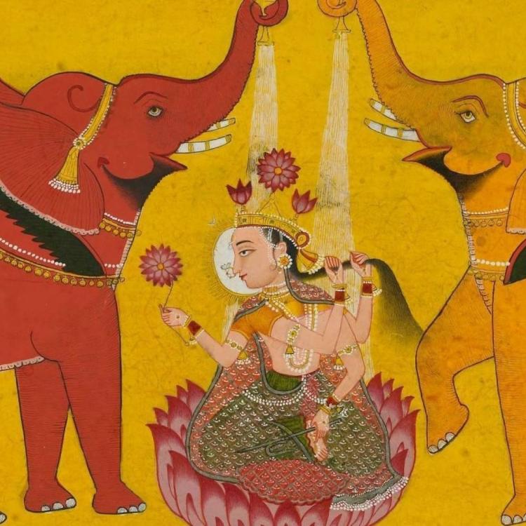 Gajalakshmi depicted in a gouache painting, India c 1780