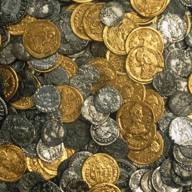 Group shot of a collection of coins from the Hoxne hoard, Britain