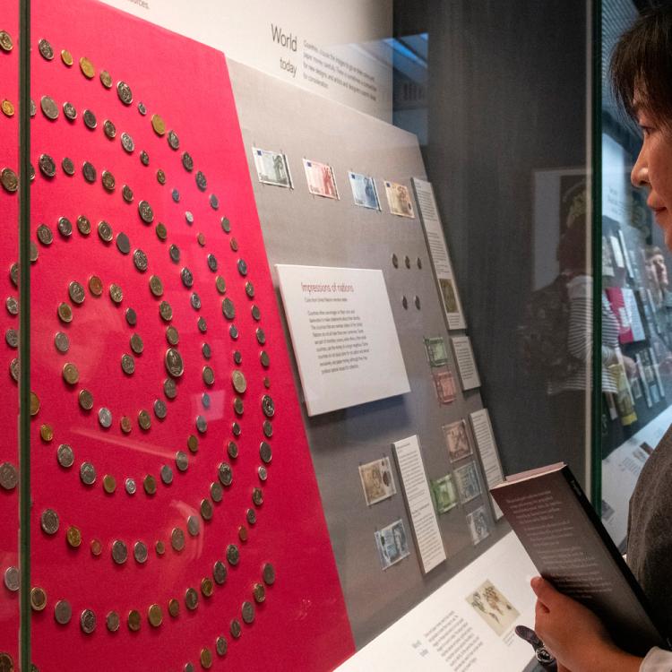 A visitor looking at prehistoric coins