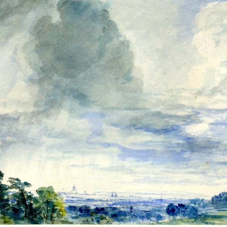 image of skyscape over london, watercolours trees in foreground