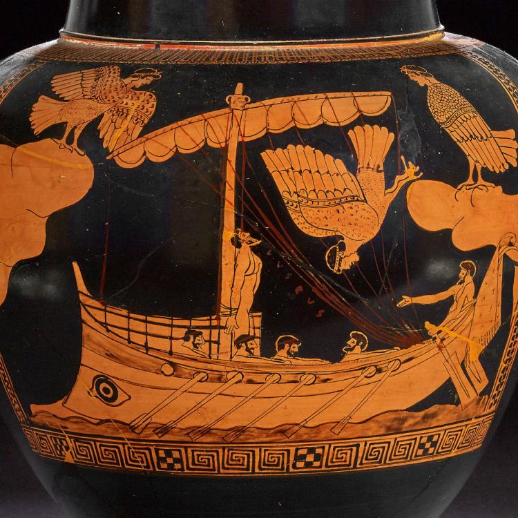 Jar showing Odysseus tied to his ship's mast surrounded by sirens
