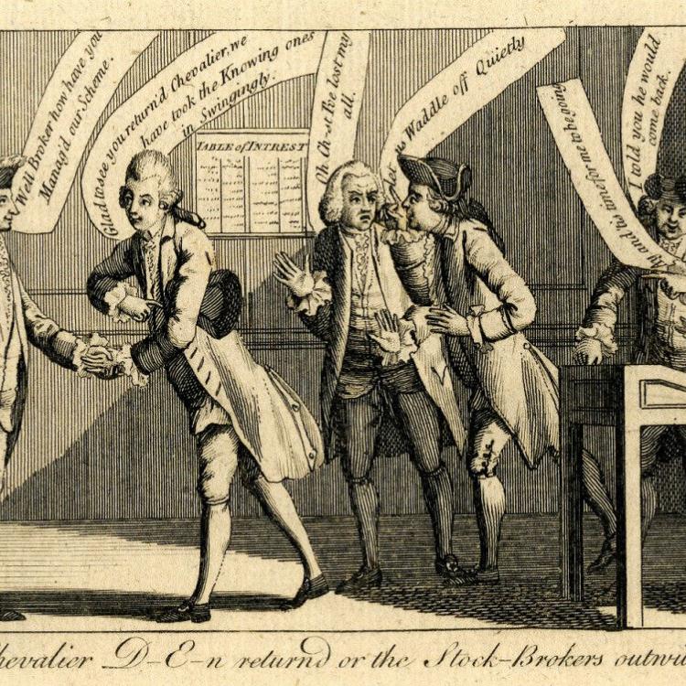 Satirical print showing a room of stockbrokers with speech bubbles