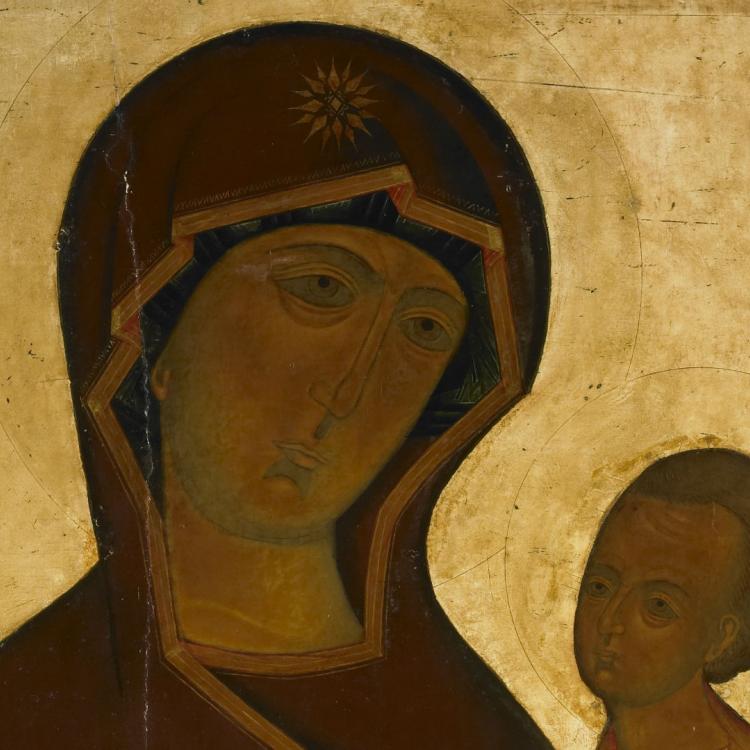 Mother of God, wearing a 'maphorion' and mantle with Bethlehem stars, supports the infant Christ