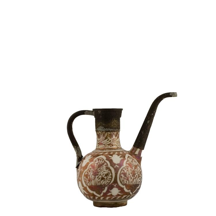 A decorated spouted ewer, with a black handle and spout. 