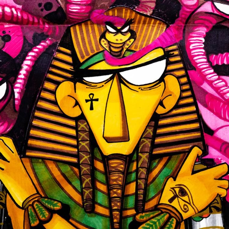 A graffiti sprayed depiction of Tutankhamun. 