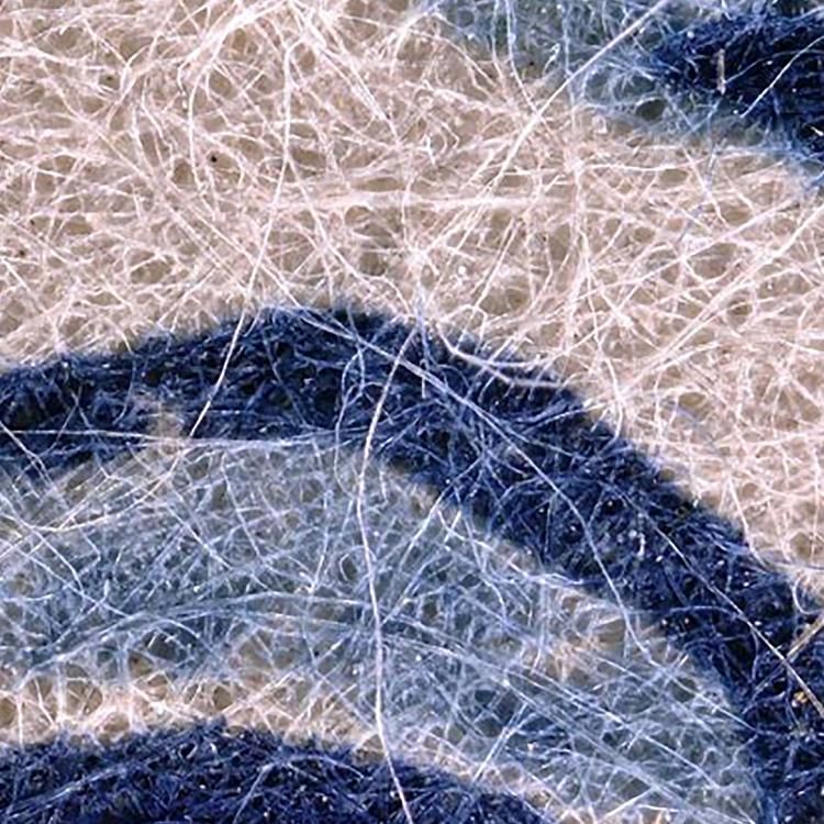 Close up view of print showing strands in paper in wiggly stripes of dark blue, light blue and white. 