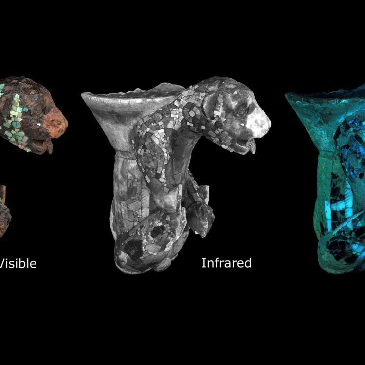 A montage of four images of the same seated jaguar figure showing the object in visible, infrared and ultraviolet light. The fourth image is a combination of an X-ray and an image captured in visible light.