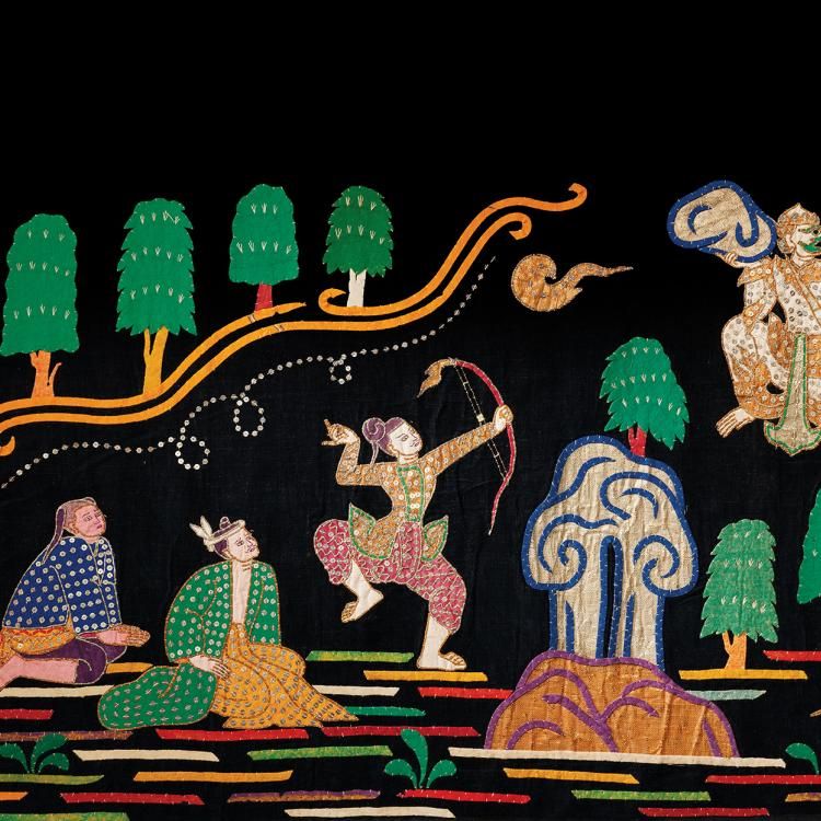 A black textile adorned with a colourful scene, including sitting figures surrounded by trees, a figure shooting an arrow towards the sky, and  Hanuman flying through the air carrying a rock, Hanuman (possibly carrying the Mountain of Herbs or Building the Bridge to Lanka), and Hanuman talking to a sage (with two hares below).