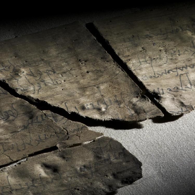 A writing tablet made of wood and covered in lines of script in ink. The tablet is in fragments and laid out on cloth.