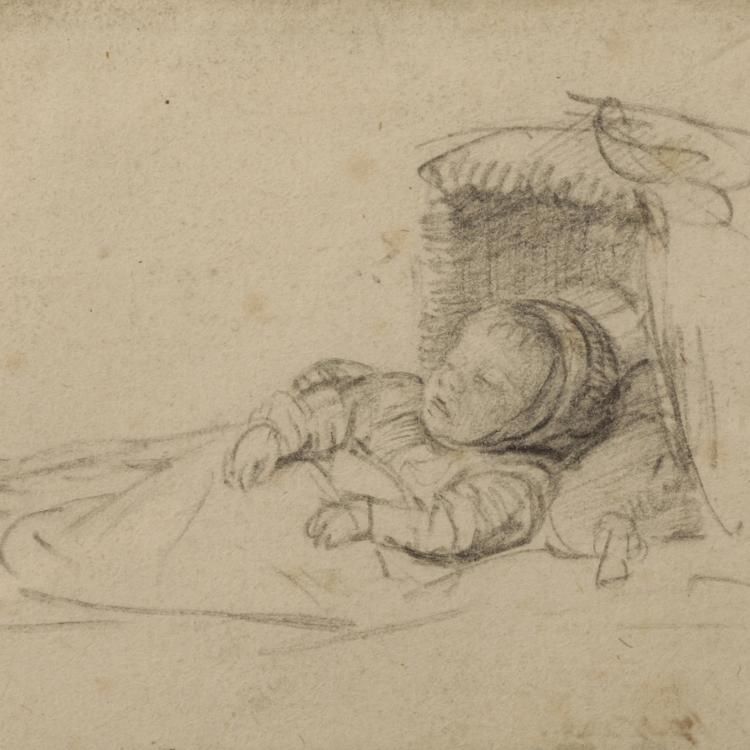 Black chalk drawing of a baby in a cap, traditionally thought to be the artist's son, Titus van Rijn, sleeping in a cradle.