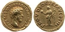 Two sides of a gold Roman coin, one with the side profile of the head of Marcus Aurelius the other shows a human figure standing.