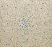 Concentric circles made up of cut-up, printed prayers and small blue squares on linen.