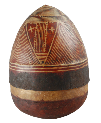 Egg-shaped skin container and lid, decorated with geometric patterns