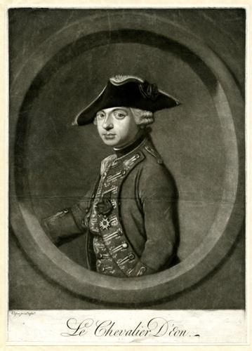 Portrait of Le Chevalier d'Eon wearing an embroidered coat and cocked hat