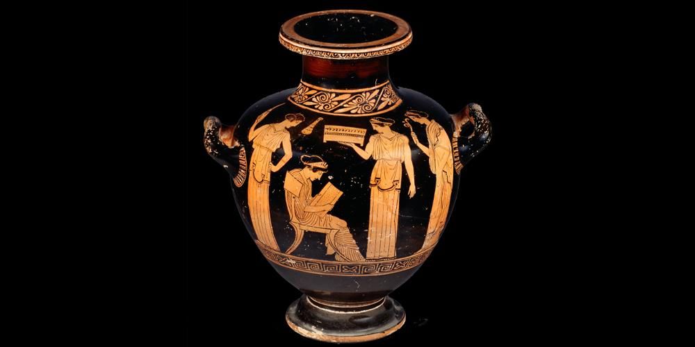 Red-figured hydria (water-jar), decorated with a woman reading and three attendants