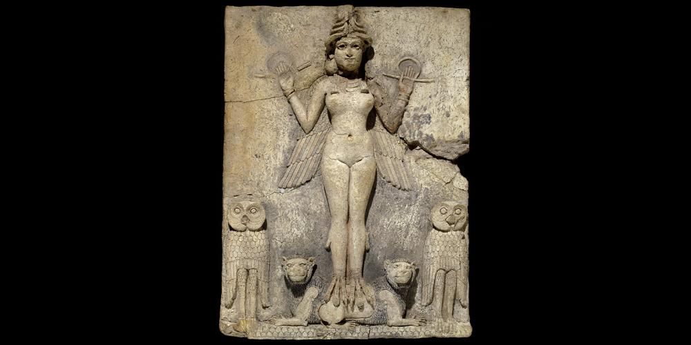 Rectangular, fired clay relief panel; modelled in relief on the front depicting a nude female figure with tapering feathered wings and talons, standing with her legs together