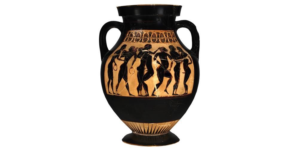 Attic black-figured amphora showing erotic encounters between older and younger men/teenage boys on both sides