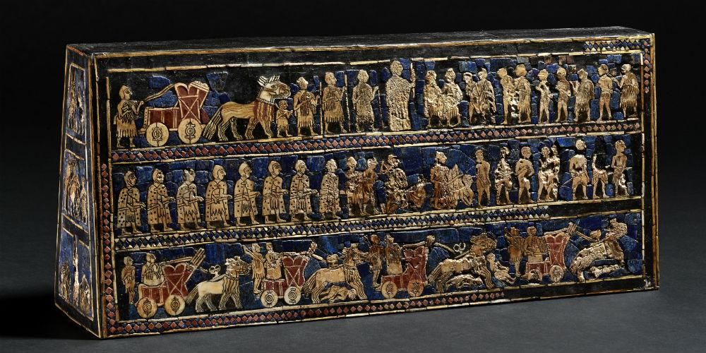 The Standard of Ur, decorated with inlaid mosaic scenes made from shell, red limestone and lapis lazuli