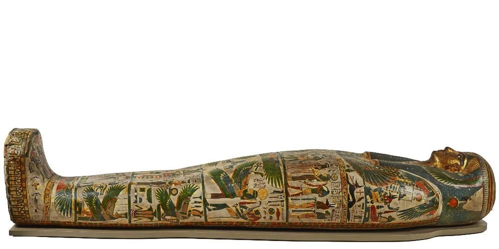 A mummy decorated in various images