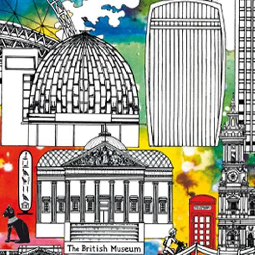 Landmarks of London including the British Museum and Wembley Stadium.