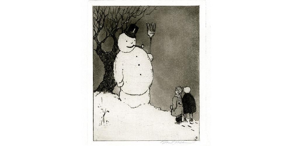 Two small children looking up at large snowman near tree.