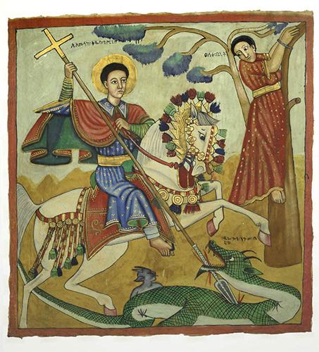 Oil painting on cotton cloth depicting Saint George slaying a dragon.