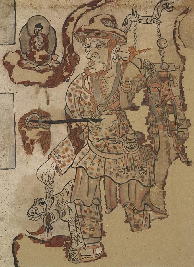 Painting of a travelling monk, shown wearing a wide-brimmed hat, with a load of scrolls on his back, and a fly whisk in his left hand.