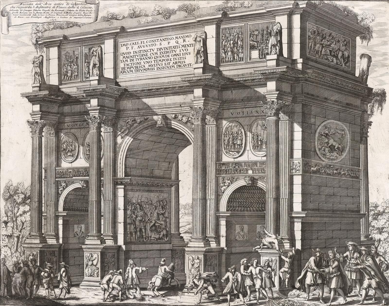 Etching of a large stone arch in Rome with pillars and engravings on it, various groups of people standing at the bottom going about their lives.