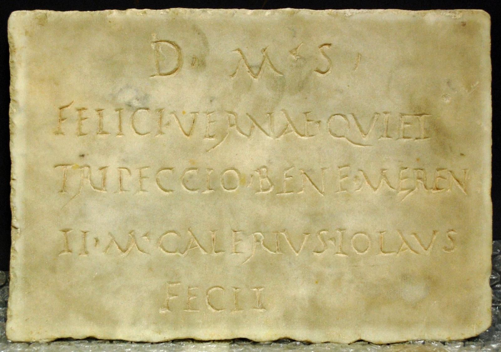 Marble epitaph plaque with a funerary inscription in Latin to the enslaved individual Felix Tripeccius.