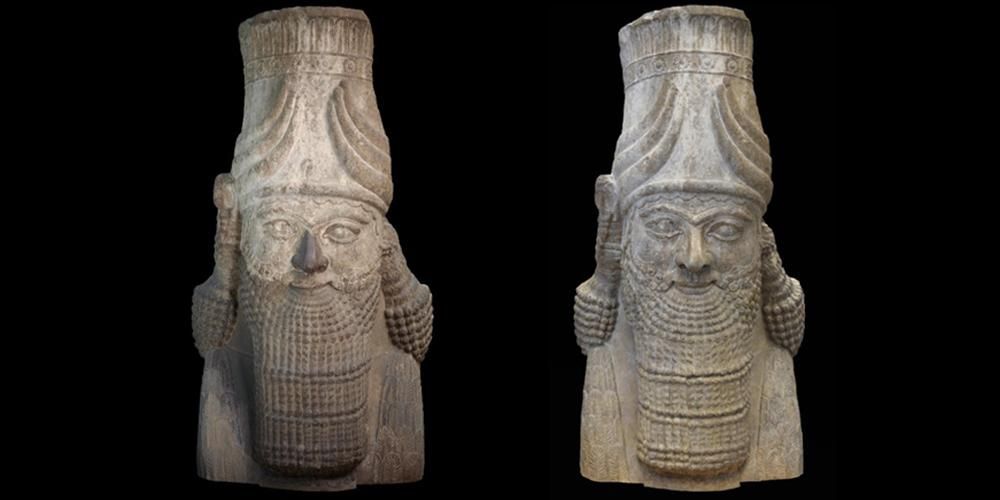 Two versions of the same statue of a head of a man with a long beard and tall hat, with the right image cleaned and his features more identifiable.