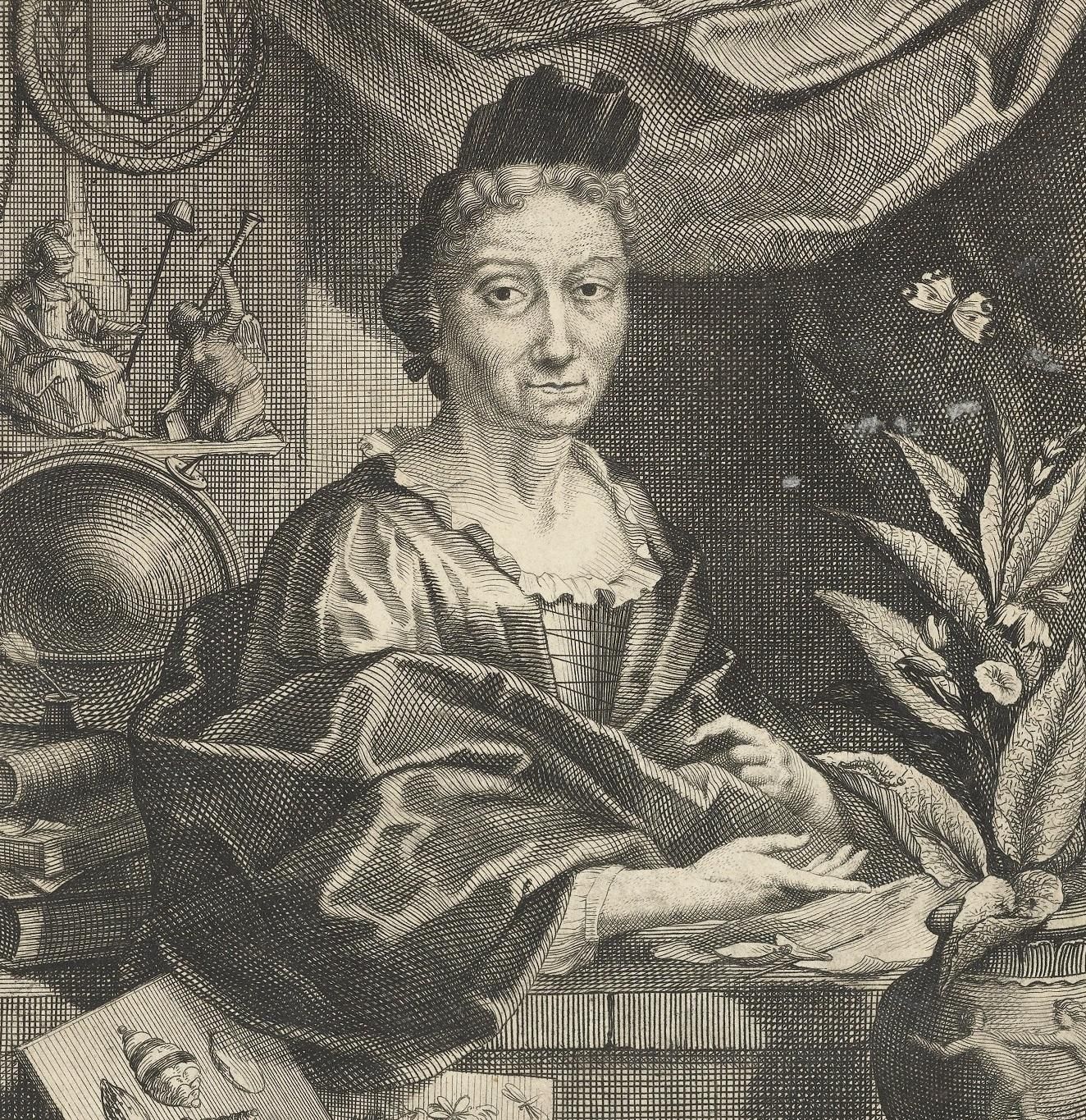 Maria Merian sitting at a desk arms out looking towards the viewer. Two drawings are laid out in front of her.