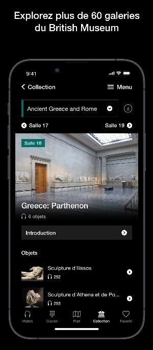 Screenshot taken from the British Museum Audio app with text translated in French.