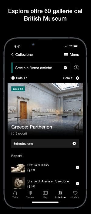 Screenshot taken from the British Museum Audio app with text translated in Italian.