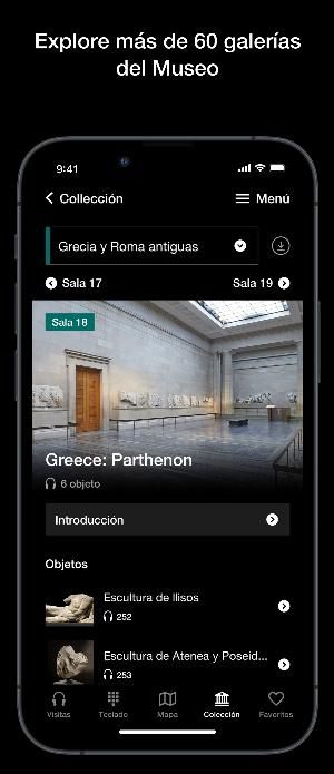 Screenshot taken from the British Museum Audio app with text translated in Spanish..