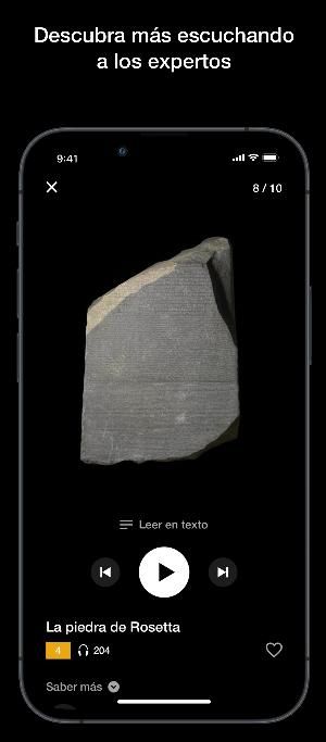 Screenshot taken from the British Museum Audio app with text translated in Spanish..