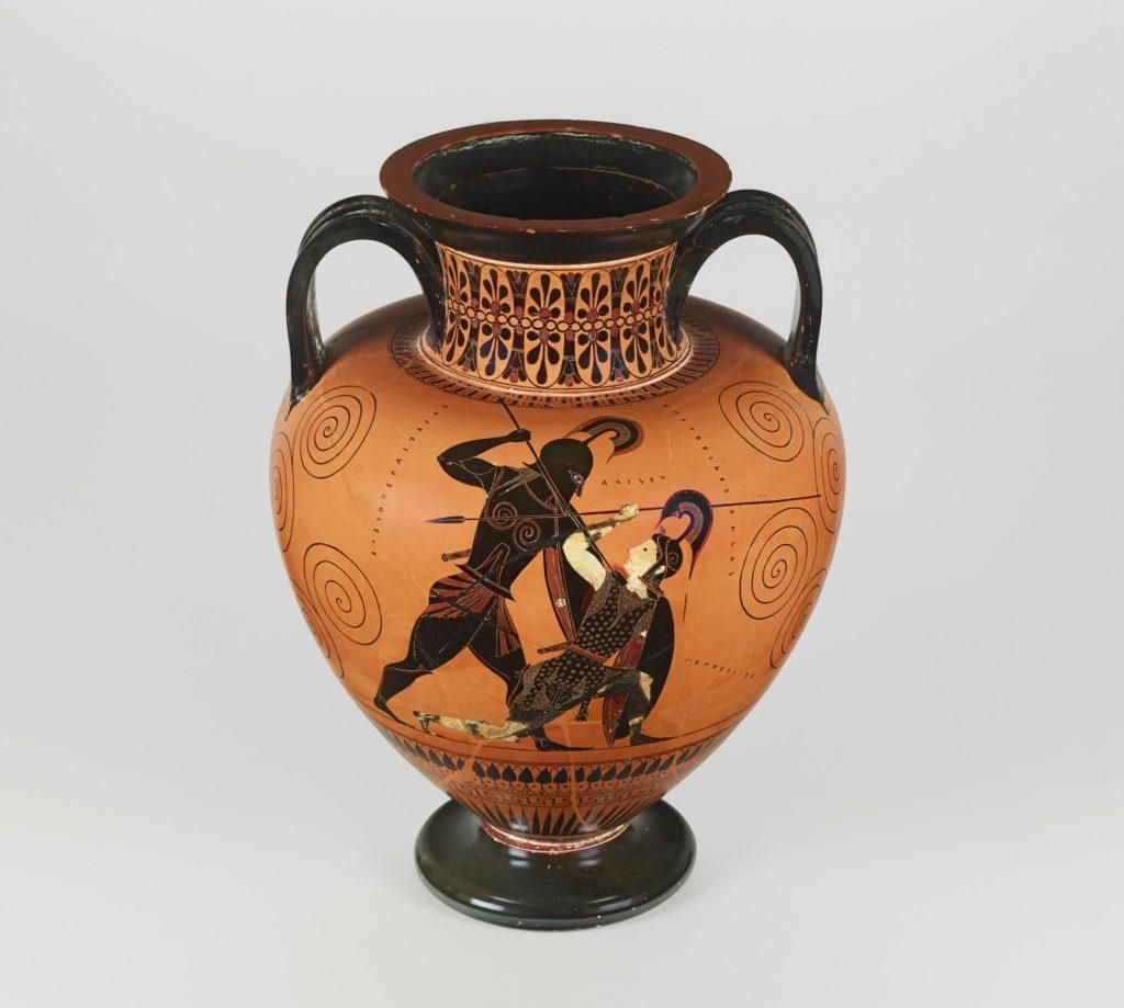 Amphora showing Achilles with high-crested helmet plunging spear into Penthesilea