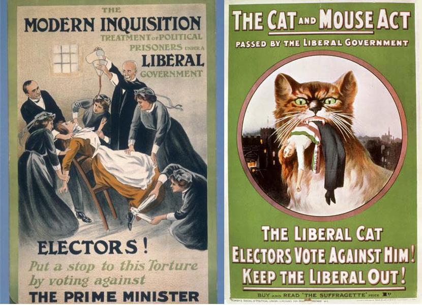 Two posters urging voters against voting Liberal, on the left showing a woman being force-fed by a surrounding group of people restraining her, on the right, a cat with a woman in its mouth