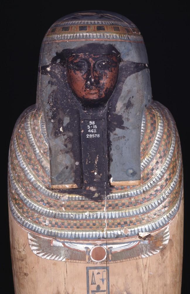 Top half of middle-aged female mummy coffin