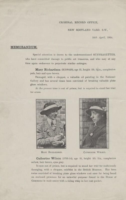 Document headed 'CRIMINAL RECORD OFFICE' with description of Richardson and Lambert (here referred to as Wilson), plus photos of each