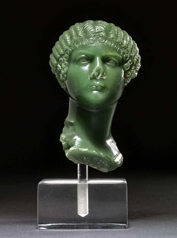 Green (chalcedony) portrait bust of young woman, lower nose missing