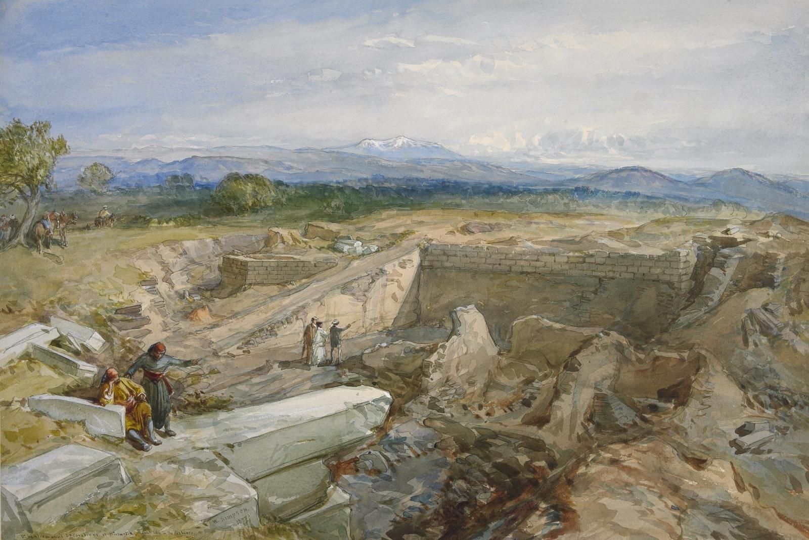 Watercolour of excavated walls and debris, two people in local costume in the foreground, in a hollow of the excavations three more, beyond, a plain stretching to mountains