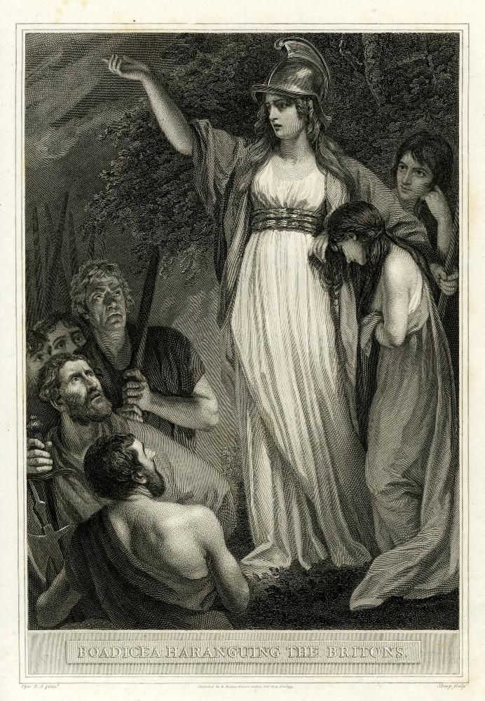 Boudica standing at right addressing a crowd of men wielding weapons at left, leaning on a shoulder of a weeping girl beside her.