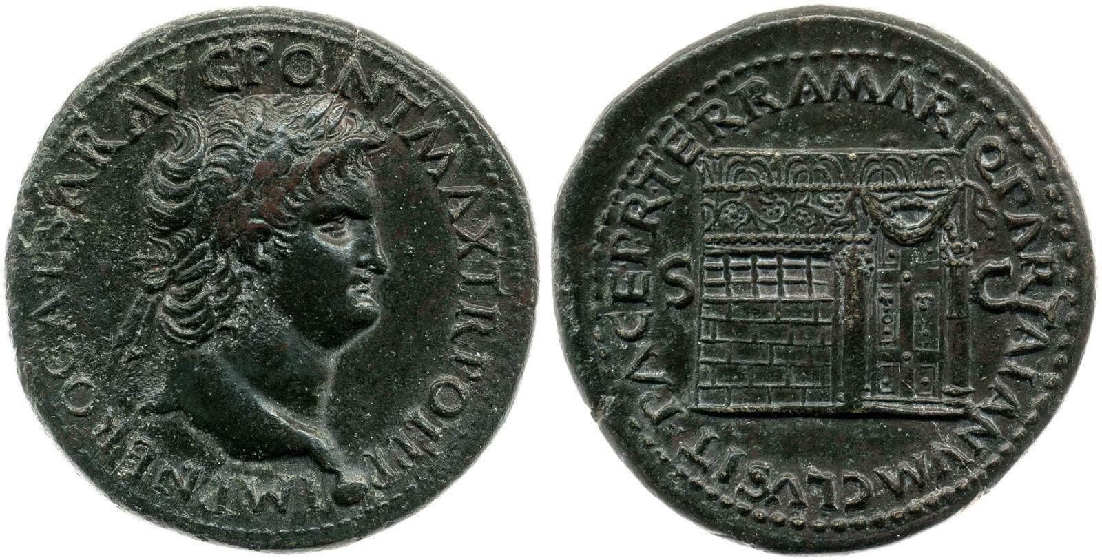 Coin showing head of Nero on one side and Temple of Janus on other, double doors closed, garland above