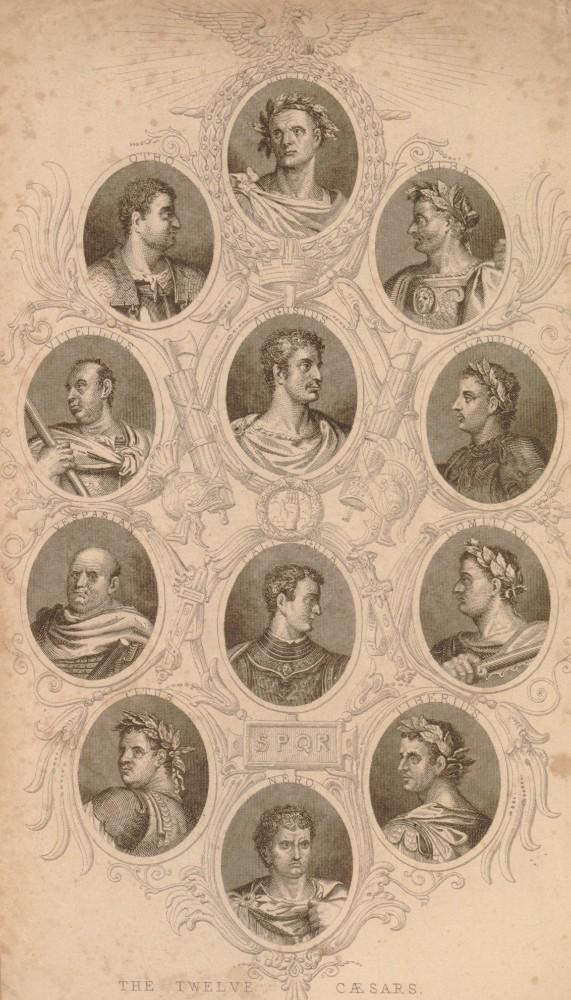 Portrait of the twelve Caesars, in an elaborate frame, each sitter bust-length in an oval with his name above