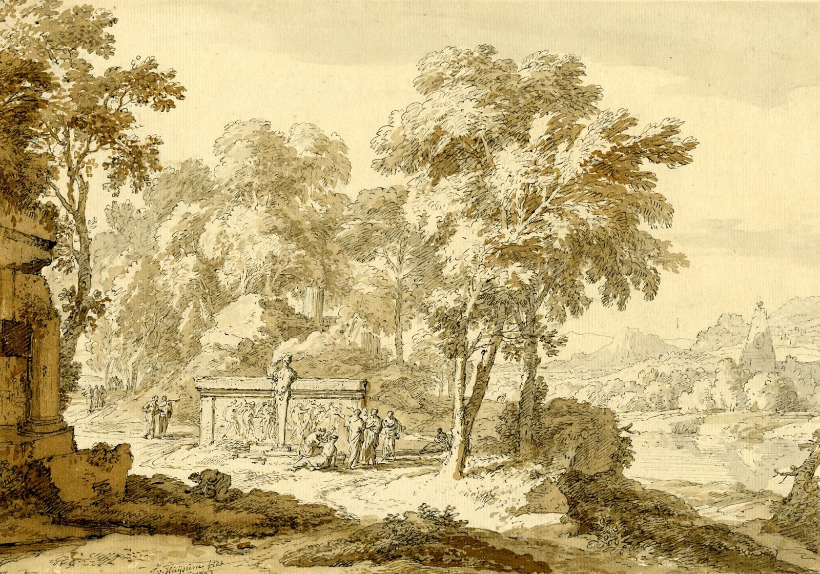 Classical landscape with figures by a term and ancient tomb; ruins in trees beyond and at left foreground.